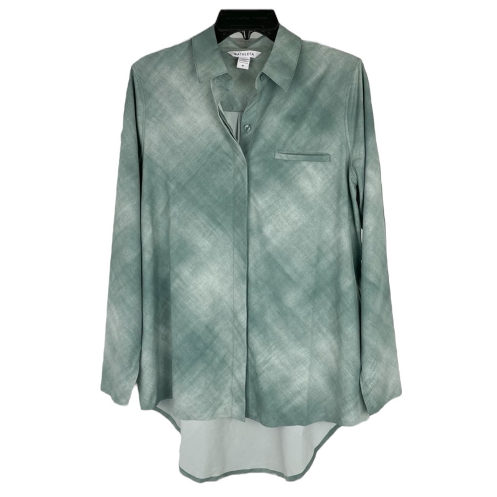 ATHLETA Urbanite Printed Oversized Button-Up Shirt in Denali Green Size M/PETITE - Picture 4 of 11